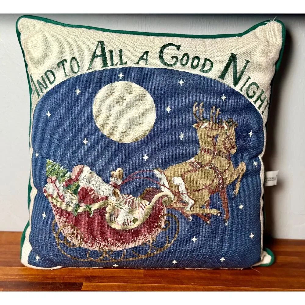 Vintage Christmas Tapestry Pillow | Santa Sleigh, Reindeer, Moon | Holiday